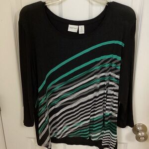 Zenergy Black Long Sleeve Scoop Neck Top with Teal & Gray Stripes